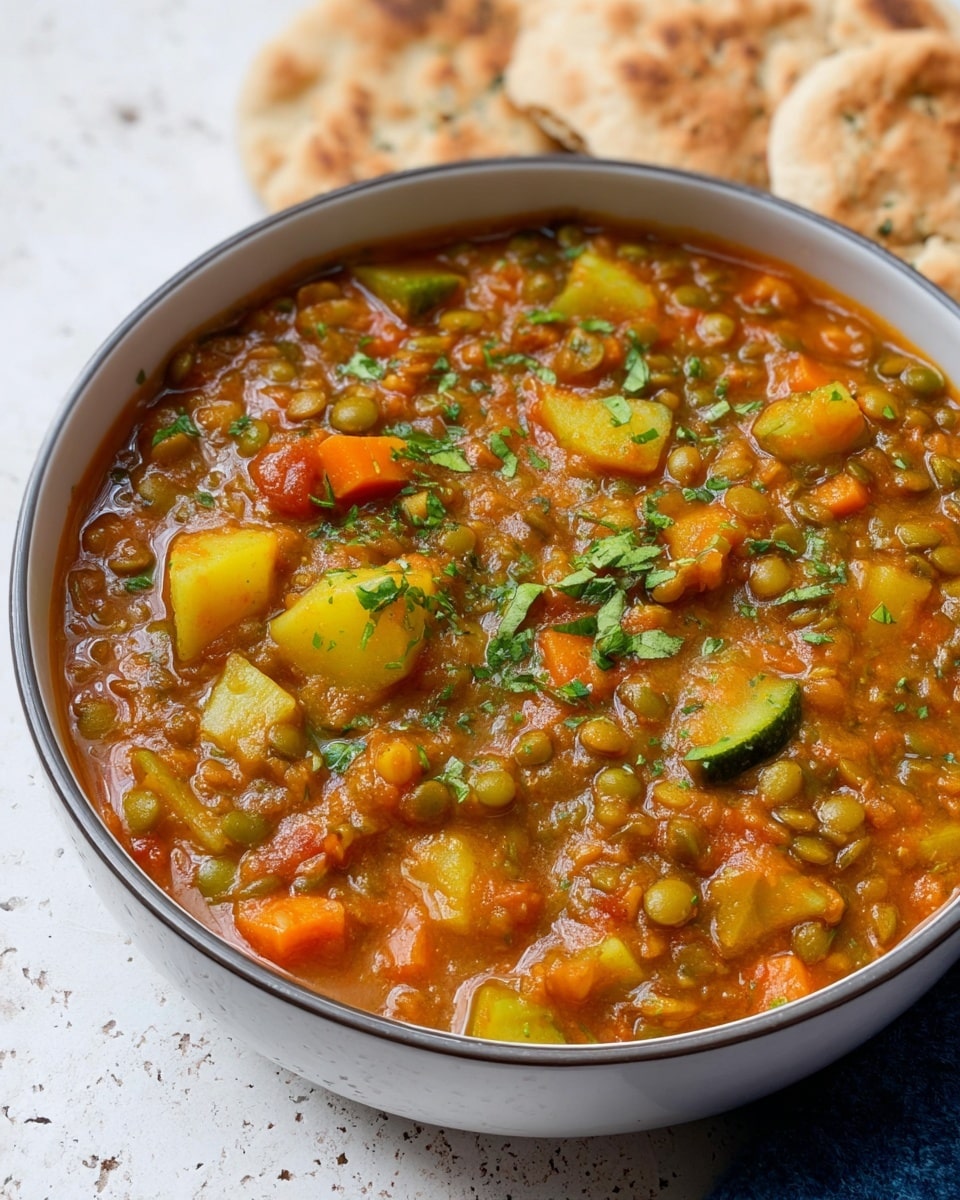 A deep white bowl filled with a thick, orange-brown soup that has visible layers of green mung beans, diced yellow and orange vegetables like carrots and potatoes, and small green herbs sprinkled on top. The soup has a chunky texture with a mix of soft and firm pieces throughout. The bowl sits on a white marbled textured surface with two pieces of flatbread behind it. The overall colors are warm and earthy with a fresh green touch from the herbs. photo taken with an iphone --ar 4:5 --v 7