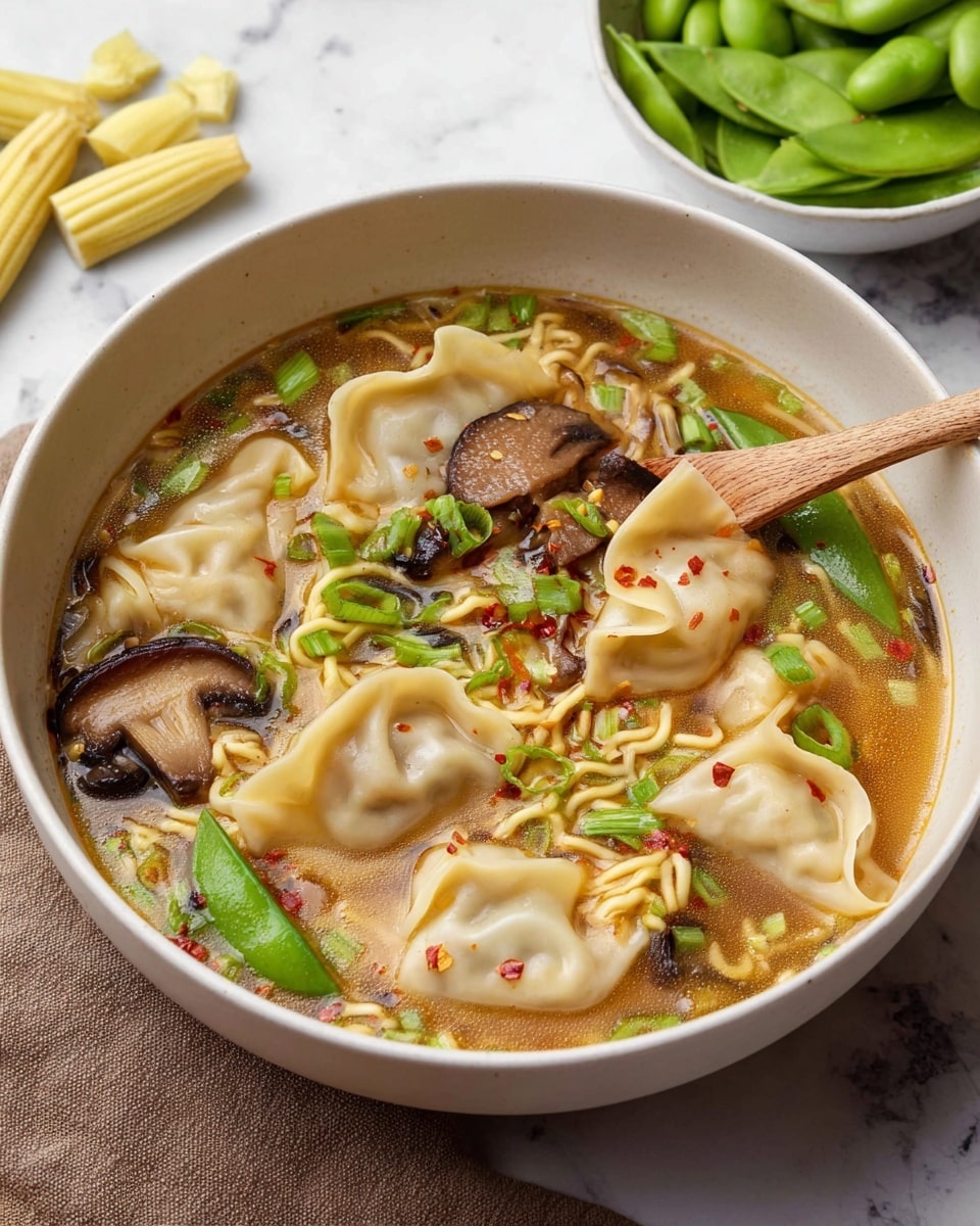 A white bowl filled with a rich soup containing five plump, light beige dumplings with slightly folded edges. Underneath and around the dumplings are thin, yellow noodles twisted in small bundles. Bright green snap peas and chopped spring onions float in the light brown broth, along with thick slices of dark brown and cream shiitake mushrooms. The soup is sprinkled with small red chili flakes adding a touch of color. A wooden spoon is partially submerged on the right side of the bowl. In the background are an additional white bowl filled with green edamame beans and three light yellow baby corn pieces on a white marbled surface. photo taken with an iphone --ar 4:5 --v 7