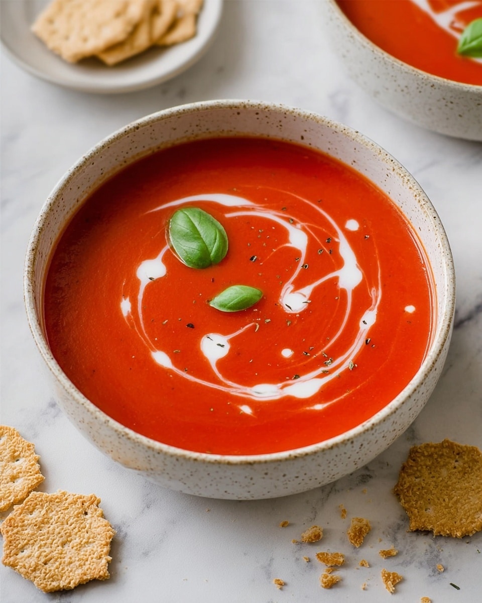 A close-up of a bowl filled with smooth red tomato soup. The soup has a swirl of white cream drizzled on top in a circular motion, with a few small cream droplets scattered. Two small green basil leaves float near the center of the soup. The bowl is white with a speckled texture. Near the bowl, there are small broken pieces of light brown crackers scattered beside a white plate with more crackers. The background is a white marble surface. Photo taken with an iphone --ar 4:5 --v 7