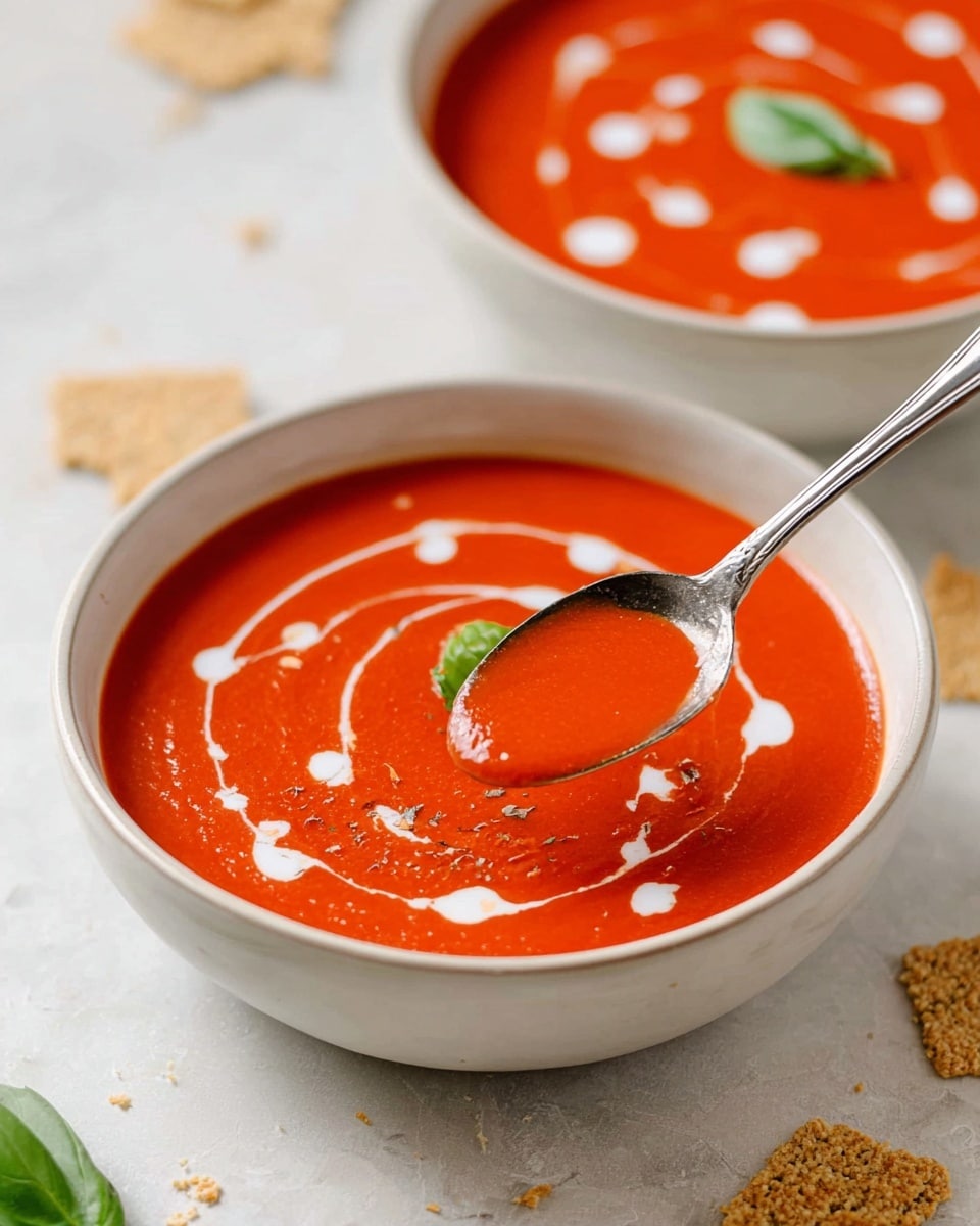 A white bowl filled with smooth bright red tomato soup, topped with small swirls and dots of white cream scattered across the surface and a small green basil leaf in the middle. A silver spoon is held above the bowl with a spoonful of the red soup, showing its creamy texture. In the background, another white bowl with the same soup and cream decoration is partially visible. Around the bowl, there are crushed golden-brown crackers placed on a white marbled surface. photo taken with an iphone --ar 4:5 --v 7