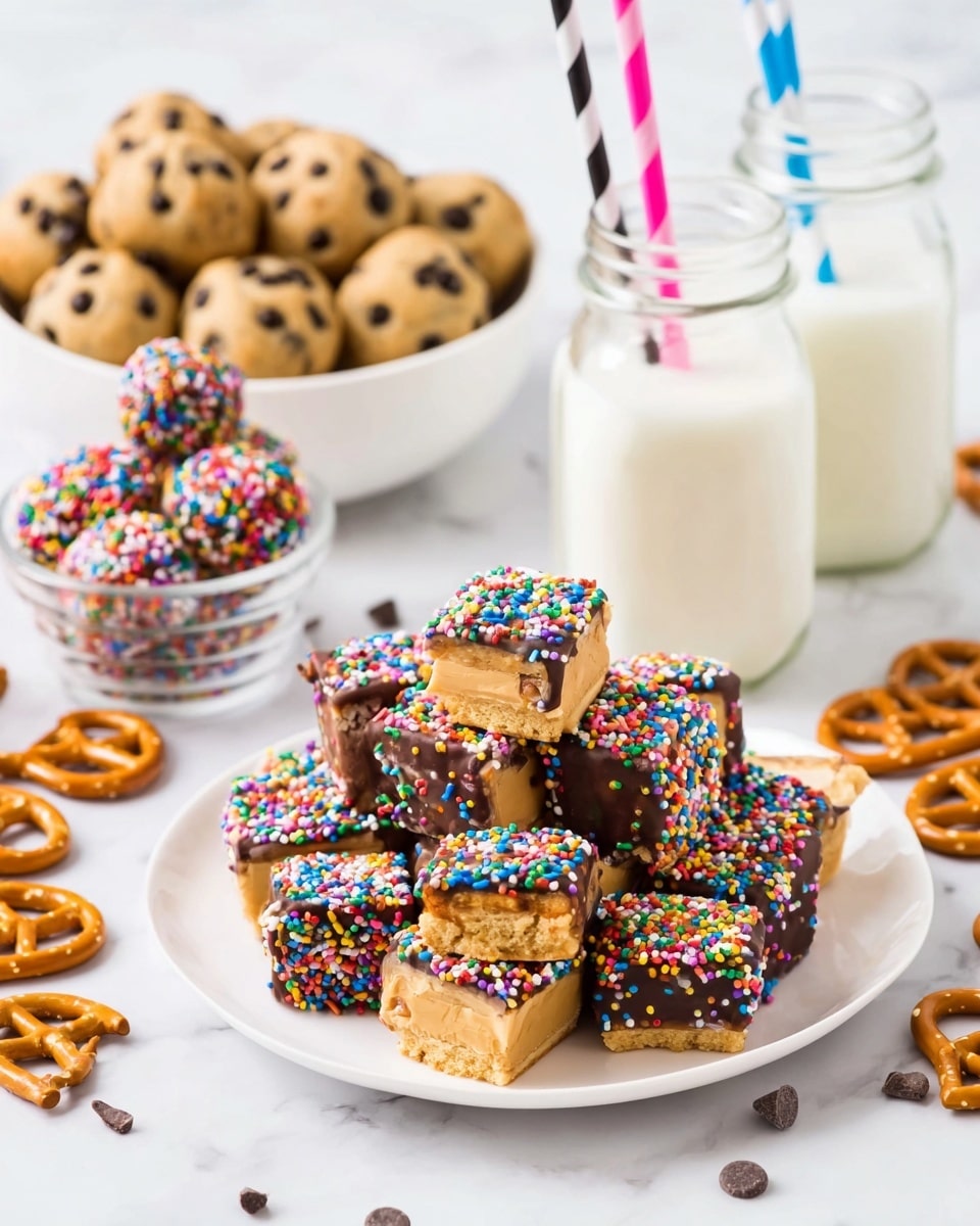 A white plate holds a pile of small square treats made with a bottom layer of light brown cookie dough, topped with a crunchy, golden pretzel square; one side of each treat is dipped in milk chocolate, covered in colorful rainbow sprinkles in red, blue, green, yellow, pink, and white. In the background, on a white marbled surface, there are two clear glass bottles filled with milk, each with a striped straw—one pink and black, the other blue and white. To the left, a white bowl contains round cookie dough balls dotted with chocolate chips, and behind it, a clear bowl is filled with more square pretzels. Some pretzels lie scattered on the surface near the bowls. photo taken with an iphone --ar 4:5 --v 7