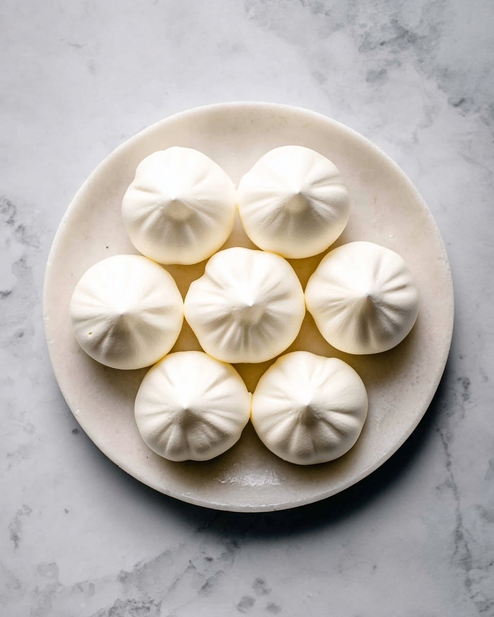 A white marbled plate holds seven perfectly round, smooth white meringue cookies arranged in a flower shape with one in the center and six around it. Each meringue has a slight indentation on top, giving them a soft, pillowy look with a matte texture. The plate is set on a white marbled surface, enhancing the clean and minimal style of the scene. photo taken with an iphone --ar 4:5 --v 7