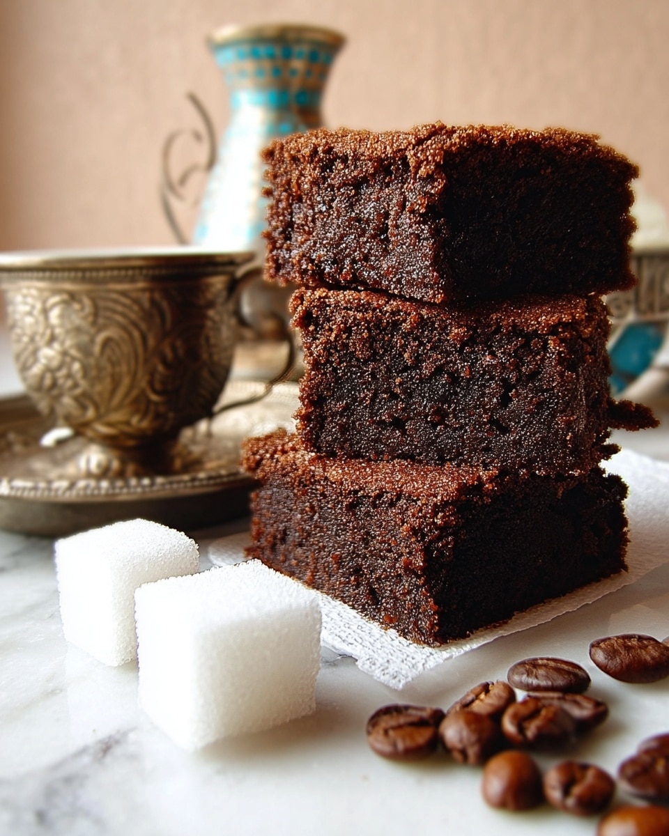 A stack of three square, dark brown brownies with a rough, crumbly texture sits on a piece of white paper on a white marbled surface. Nearby, there are three white sugar cubes and several shiny brown coffee beans scattered around. In the background, there is a small, ornate metal cup with a white interior. The overall setting has a warm and cozy feel. photo taken with an iphone --ar 4:5 --v 7