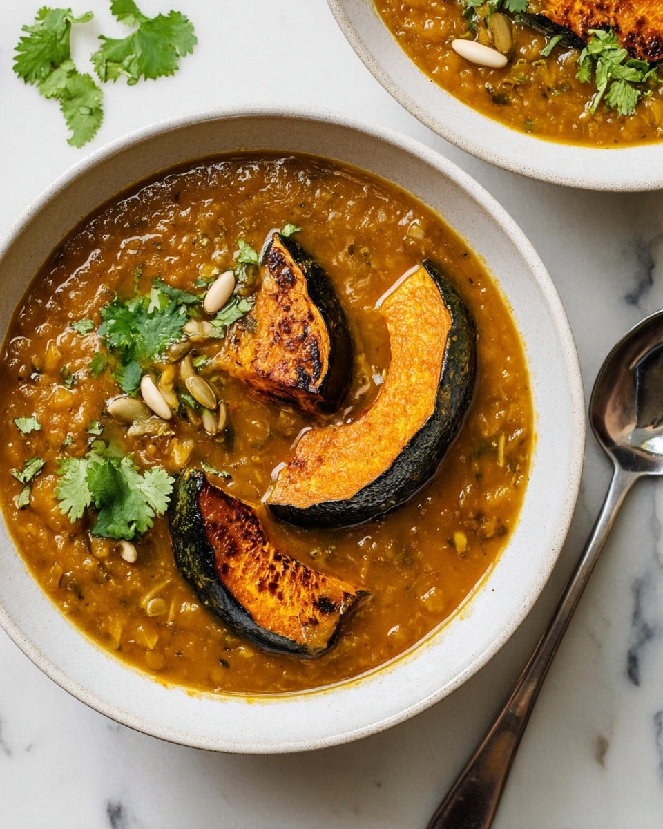 The image shows one main white bowl filled with a thick, orange-brown soup or stew with a somewhat chunky texture. On top of the soup, there are two large, roasted, dark green and orange slices of pumpkin placed slightly overlapping in the center. Scattered around the pumpkin slices are several small, light brown seeds and fresh, green cilantro leaves that add a pop of color. There is a second bowl partially visible in the upper left corner, similarly arranged. The bowls are resting on a white marbled surface, and a silver spoon is placed beside the main bowl on the right. photo taken with an iphone --ar 4:5 --v 7