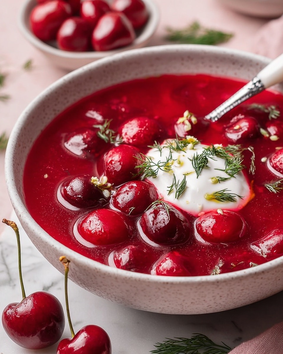 A close-up of a bowl filled with bright red cherry soup, showing whole cherries floating in a thick, smooth red liquid. In the center, there is a dollop of white cream topped with small sprigs of fresh green dill. The bowl is white with a slightly textured surface. A spoon with a white and black handle rests inside the bowl, partly submerged in the soup. Two fresh cherries with stems and sprigs of dill are placed on a white marbled surface near the bowl. Photo taken with an iphone --ar 4:5 --v 7
