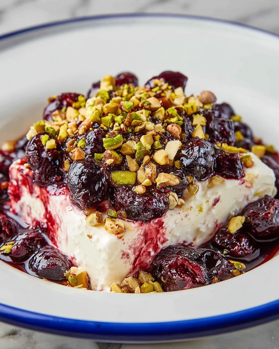 A white plate with a thin blue rim holds a dessert with three main layers. The bottom layer is white and creamy with a soft, smooth texture. The middle layer is a mix of glossy, dark red and purple berries, some whole and some crushed, creating a juicy, syrup-like look. The top layer is sprinkled with small, uneven chunks of pistachio nuts in green and light brown colors, adding a crunchy texture. The whole dish sits on a white marbled surface. photo taken with an iphone --ar 4:5 --v 7