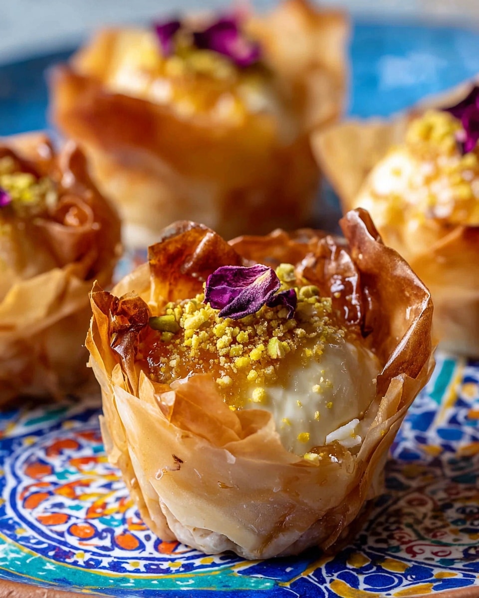 The image shows small baked pastries made of thin, light brown, crispy layers of phyllo dough, shaped into cups. Each pastry is filled with a creamy white cheese layer topped with a golden brown honey glaze. On top, there are small purple flower petals and bright yellow crushed nuts or crumbs sprinkled as garnish. The pastries are placed on a flat surface with a colorful blue patterned cloth underneath, featuring intricate, bright designs in white, orange, and green. The focus is on the front pastry with the others softly blurred behind. photo taken with an iphone --ar 4:5 --v 7