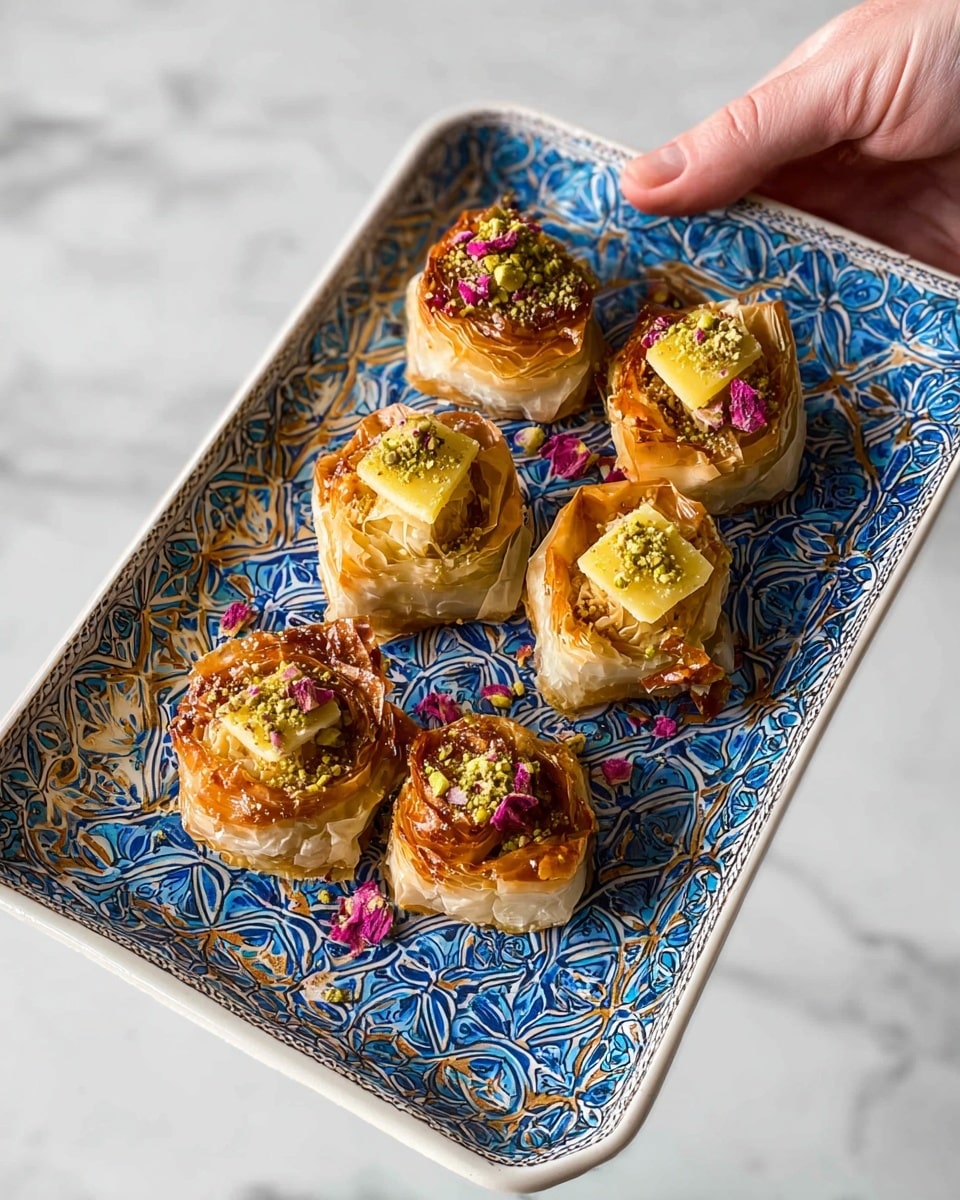 Five small pastries sit on a white rectangular plate with a detailed blue and gold pattern. Each pastry has several thin, crispy layers of light golden brown phyllo dough wrapped around a filling. The top layer of each pastry has a golden yellow square piece, likely cheese, drizzled with honey or syrup and sprinkled with crushed pistachios and a few small pink flower petals. The plate is held by a woman's hand at the corner against a white marbled surface. photo taken with an iphone --ar 4:5 --v 7