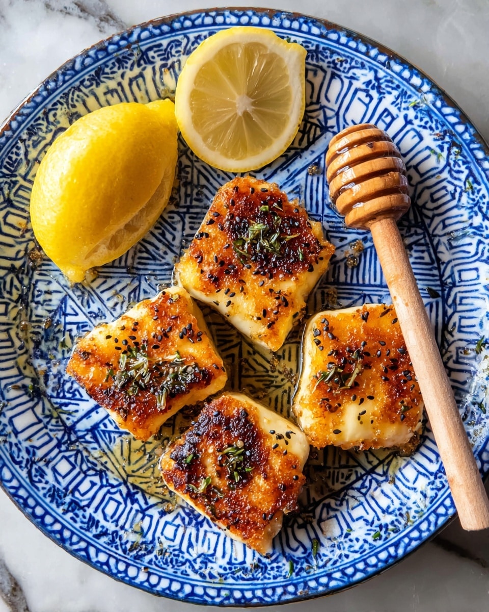 A white plate with blue geometric patterns holds four golden-brown fried cheese squares, each with a crispy and slightly charred outer layer sprinkled with black sesame seeds and herbs. To the left of the cheese pieces, there is a fresh lemon half with a bright yellow rind and juicy interior. On the right side of the plate, a wooden honey dipper rests, covered lightly with honey that glistens under the light. The plate is set on a white marbled surface, enhancing the colors and textures of the food. photo taken with an iphone --ar 4:5 --v 7