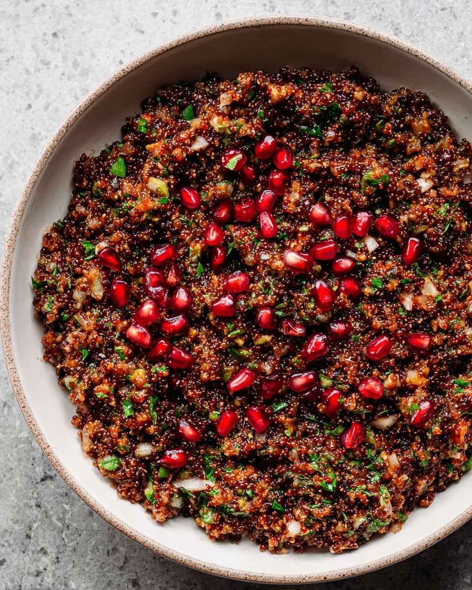 A round white bowl filled with a finely chopped mixture that has a dark reddish-brown color as its base layer, speckled throughout with small pieces of green herbs and white bits. Scattered on top are bright red pomegranate seeds, adding a vibrant touch. The texture looks moist and chunky with visible grains, herbs, and seeds evenly mixed. The bowl sits on a white marbled surface. photo taken with an iphone --ar 4:5 --v 7