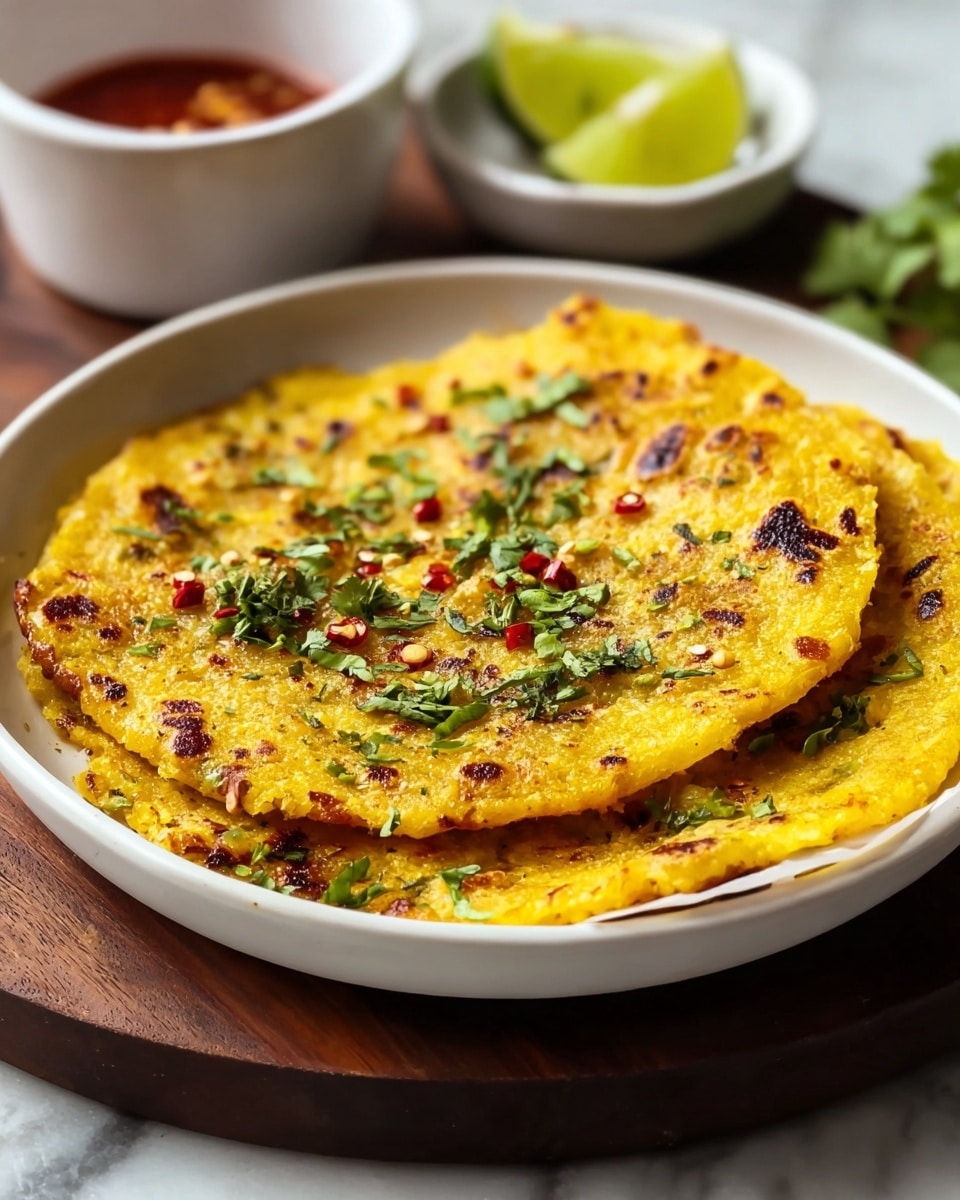 A white bowl filled with a stack of three to four bright yellow, slightly crispy flatbreads, sprinkled with green chopped herbs and small red chili flakes on top, giving a fresh look. The flatbreads have a textured, grainy surface with some browned, charred spots. In the background, there are two small white bowls, one holding red sauce and the other with two lime slices. All items are placed on a white marbled surface, with the bowl set on a dark wooden board. photo taken with an iphone --ar 4:5 --v 7
