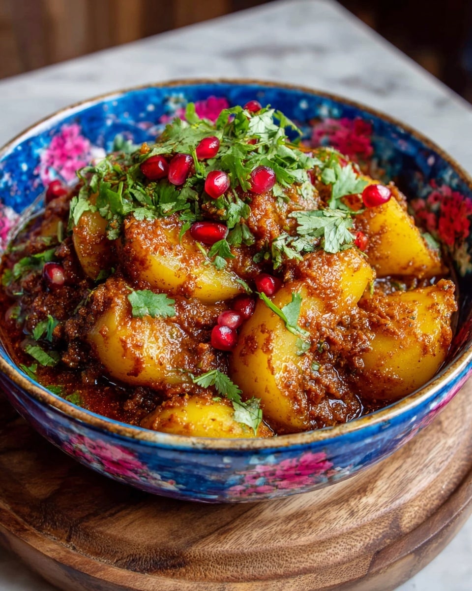 A decorative blue bowl with pink and white floral patterns holds a rich, thick stew with large golden-yellow potato wedges covered in a deep reddish-brown spiced sauce. The sauce has a coarse texture with visible spices and herbs. Bright green fresh cilantro leaves are scattered over the top, adding a vibrant contrast, along with small, shiny red pomegranate seeds. The bowl is placed on a wooden board, set against a white marbled surface background. photo taken with an iphone --ar 4:5 --v 7