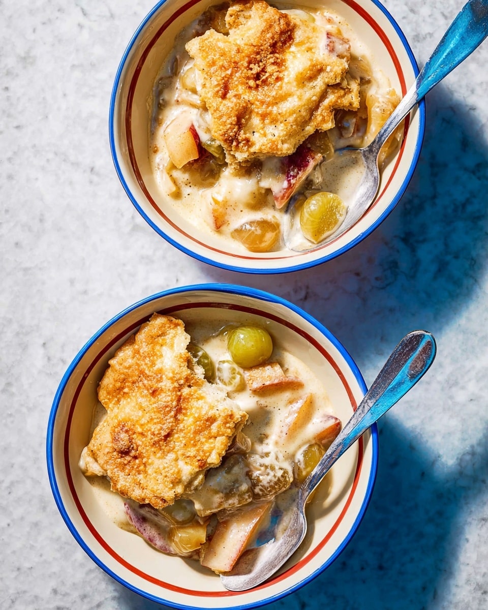 Two white bowls hold servings of a creamy fruit cobbler with three visible layers: a golden-brown pastry crust on top that looks soft and slightly crispy, a thick creamy white sauce in the middle, and a mix of fruit pieces including sliced apples and grapes at the bottom. Each bowl includes a silver spoon with a blue handle resting inside. The bowls are placed on a white marbled surface, adding a clean and bright look to the scene. The lighting highlights the creamy texture and the warm color of the cobbler. photo taken with an iphone --ar 4:5 --v 7