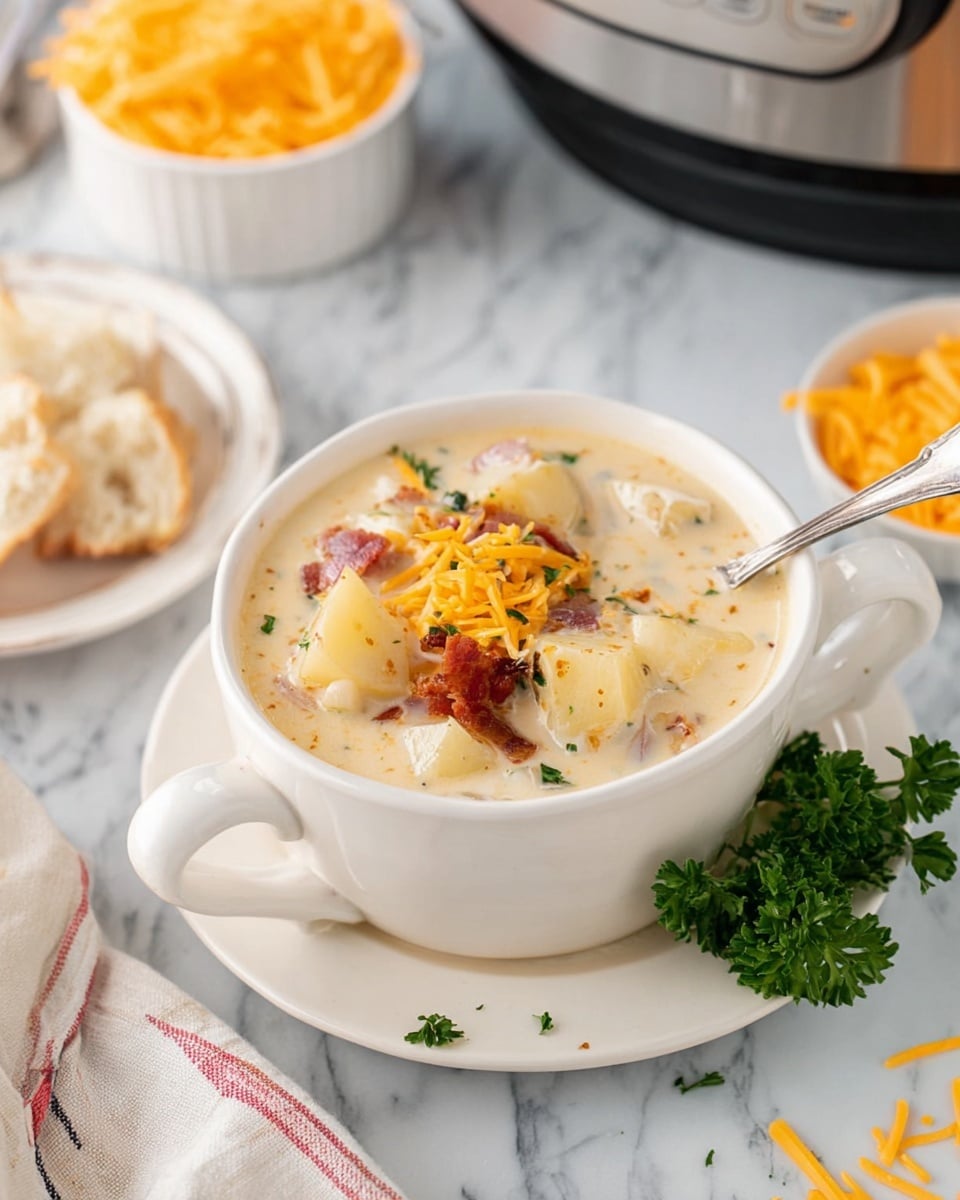 A white bowl with two handles sits on a white saucer on a white marbled surface. Inside the bowl, there is a creamy soup filled with chunks of potatoes, pieces of bacon, and sprinkled herbs. The soup is topped with some shredded orange cheese and a sprig of green parsley on the side. A silver spoon rests inside the bowl, and there are small bits of cheese scattered around. Nearby, a white plate with torn bread and a bowl filled with more shredded cheese can be seen, along with part of an Instant Pot in the background. photo taken with an iphone --ar 4:5 --v 7