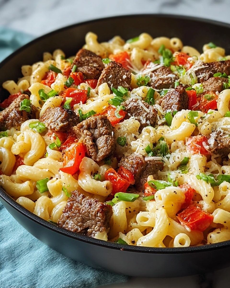 A close-up view of a creamy pasta dish in a black pan, featuring three main layers: at the base, light yellow macaroni pasta with a smooth and slightly shiny texture; on top, scattered chunks of browned beef with a seared, textured surface; and mixed in and layered throughout, bright red bell pepper pieces and chopped green onions adding vibrant color. The dish is sprinkled with grated cheese and cracked black pepper, creating a speckled look. The black pan sits on a soft blue cloth over a white marbled surface. Photo taken with an iphone --ar 4:5 --v 7