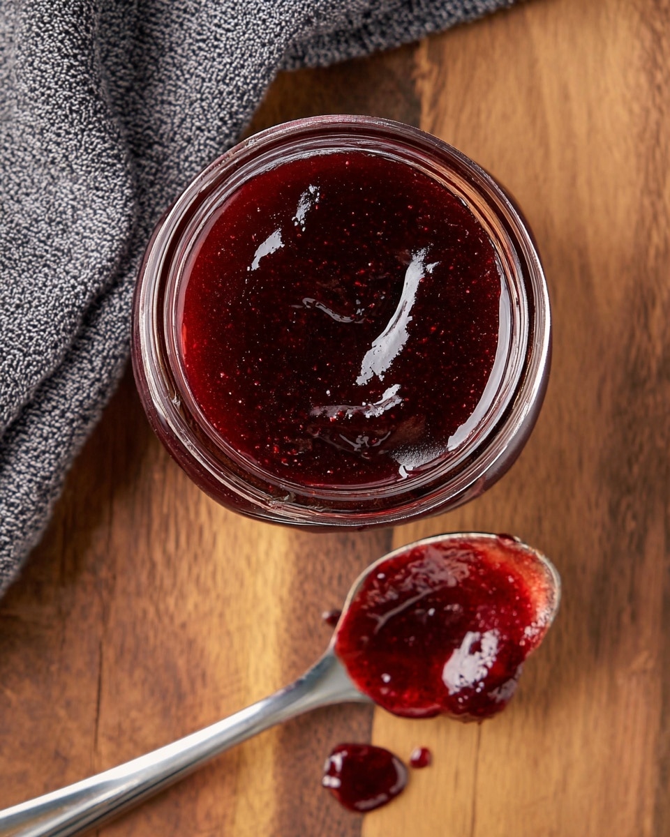 The image shows a top view of a glass jar filled with dark red jam that has a shiny and smooth texture, sitting on a wooden surface. Next to the jar, there is a silver spoon holding some jam, with a small amount spilling off onto the wood. A folded gray knitted cloth is partly visible at the top left corner. The wood has a warm brown tone with visible grain patterns. photo taken with an iphone --ar 4:5 --v 7