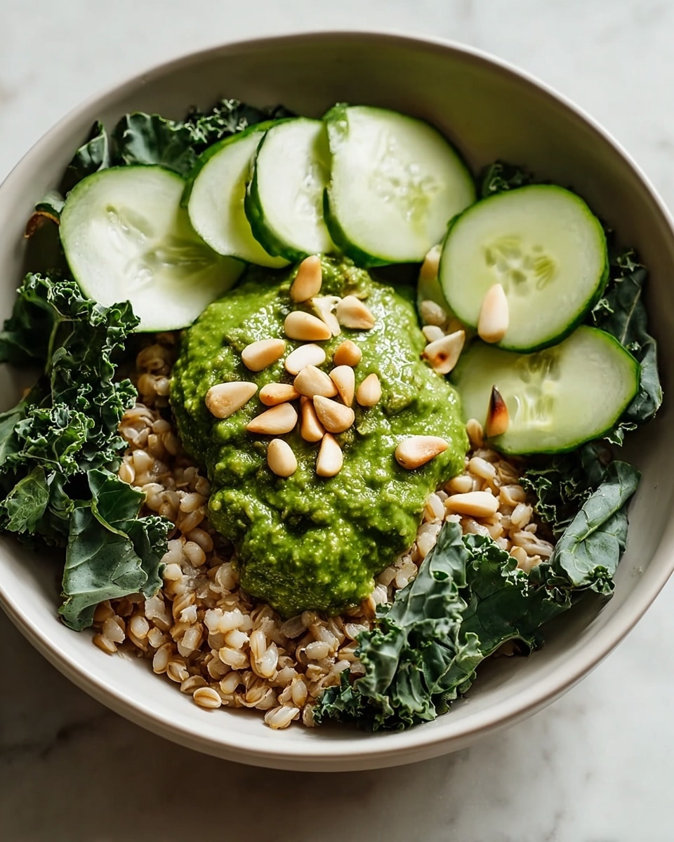 A close-up view of a bowl with four layers: the bottom layer is a bed of light brown cooked grains with a slightly soft texture, above it are bright green kale leaves arranged around the bowl’s edge, then several pale green cucumber slices are placed on top around the leafy greens, and in the center lies a thick, chunky green sauce sprinkled with a handful of light beige pine nuts, all served in a white bowl on a white marbled surface. Photo taken with an iphone --ar 4:5 --v 7