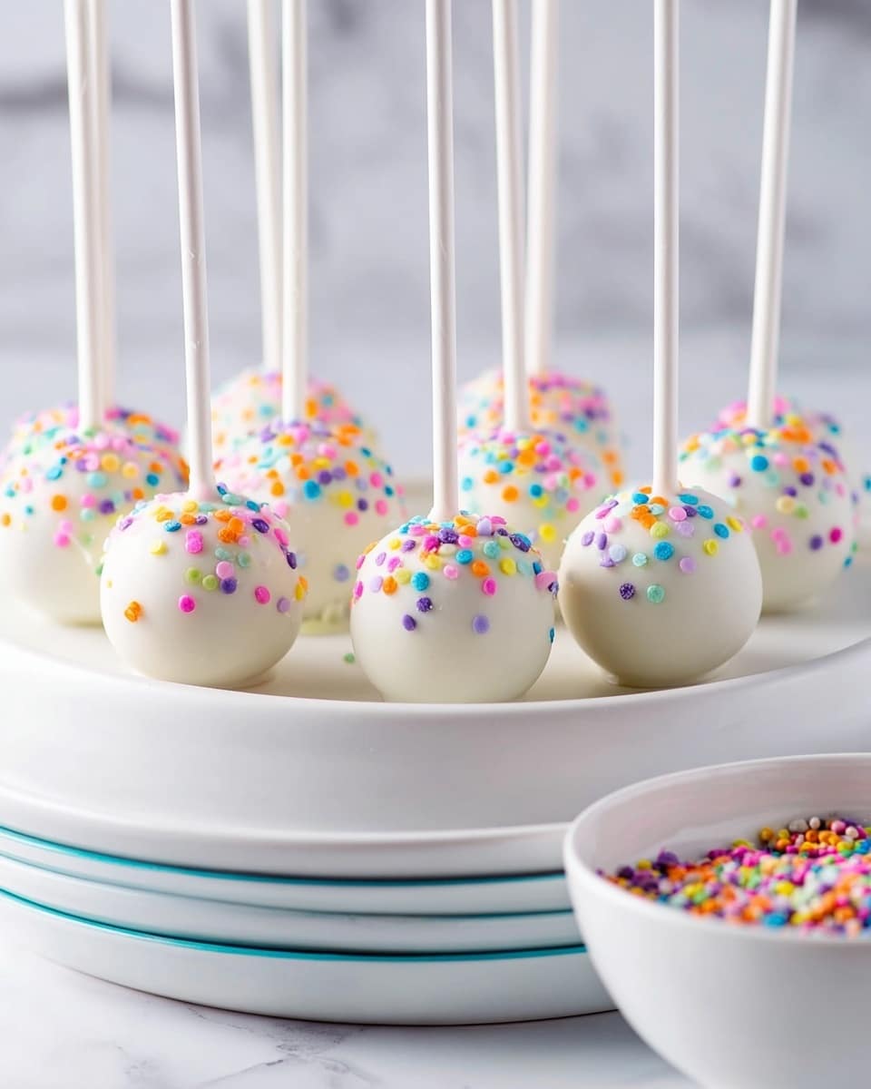 There are eight round cake pops coated in smooth white chocolate, each decorated with small, flat, round colorful sprinkles in pink, orange, yellow, blue, green, and purple scattered on top. The cake pops are evenly spaced and standing upright on white sticks, displayed on a white plate that rests on another white plate with a hint of a blue rim. In the lower right corner of the image, part of a white bowl filled with more colorful sprinkles is visible. The background and surface have a soft, white marbled texture with natural light giving a bright and clean feel. photo taken with an iphone --ar 4:5 --v 7