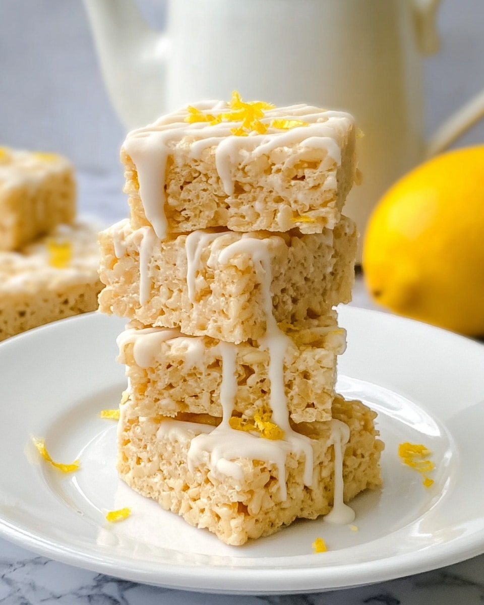 A stack of four square, light yellow crispy treats with a textured, airy surface sits in the center of a white plate, each layer drizzled generously with smooth white icing that flows down the sides. Small yellow zest bits are scattered on top and around the treats, adding a fresh pop of color. In the background, slightly blurred, there is a bright yellow lemon and a white teapot, all set against a white marbled surface. Photo taken with an iphone --ar 4:5 --v 7