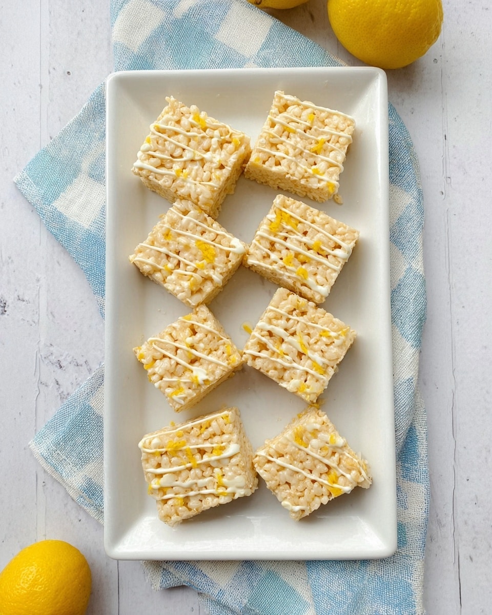 Eight square rice crispy treats with a light yellow color are arranged neatly on a white rectangular plate. Each treat has a drizzle of white chocolate with some thin lemon-yellow stripes on top. The surface beneath the plate is a white marbled texture, and a folded blue and white checkered cloth is partially under the plate. Two whole yellow lemons are placed near the edges of the frame. photo taken with an iphone --ar 4:5 --v 7