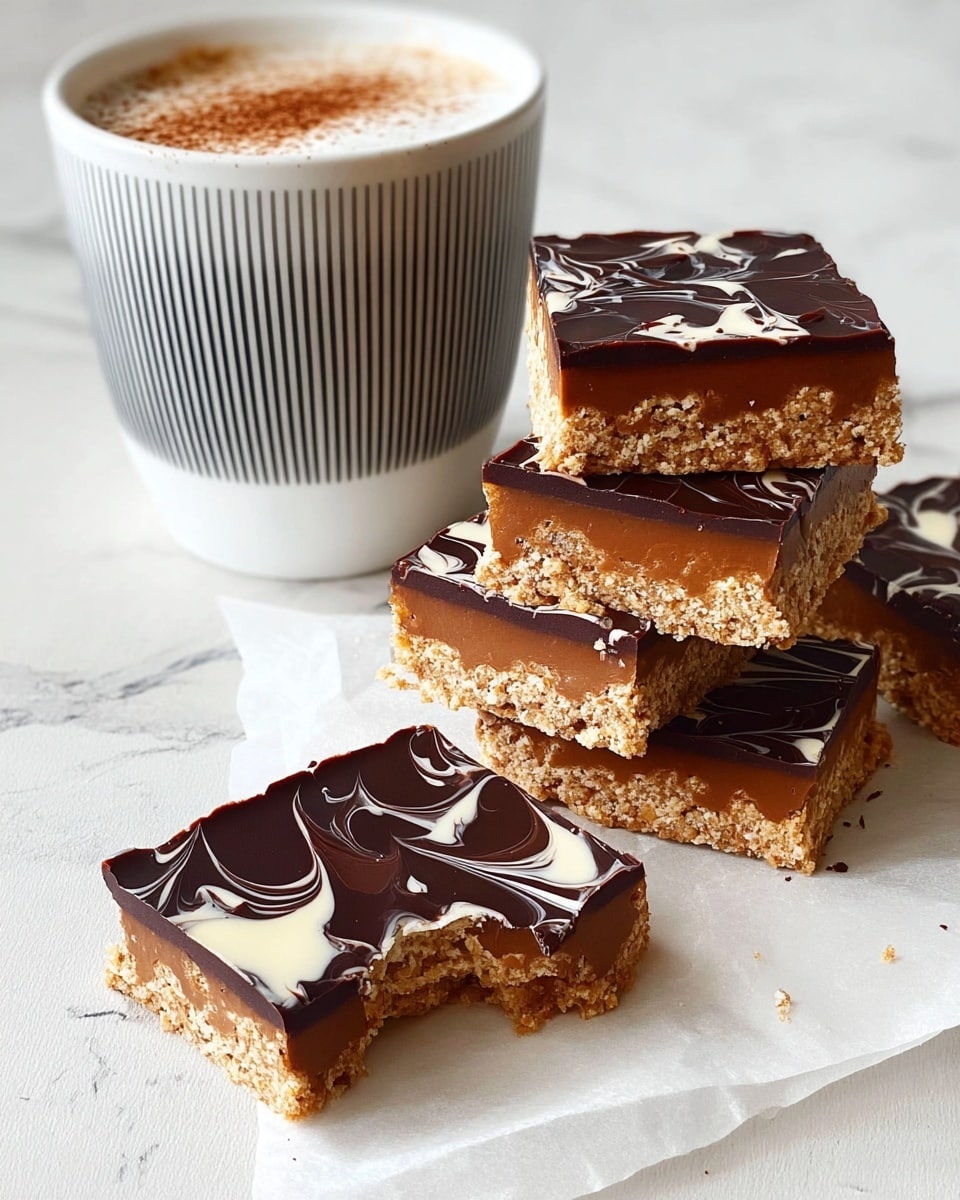 The image shows five square dessert bars stacked and laid on a sheet of parchment paper on a white marbled surface. Each bar has two layers: a bottom layer that is light brown and crumbly in texture, and a top glossy dark chocolate layer decorated with swirls of white chocolate in various shapes. One bar has a bite taken out of it, revealing the soft inside of the bottom layer. Behind the bars, there is a white cup with black vertical stripes at the base, filled with a frothy drink topped with a sprinkle of cinnamon or cocoa powder. Photo taken with an iphone --ar 4:5 --v 7