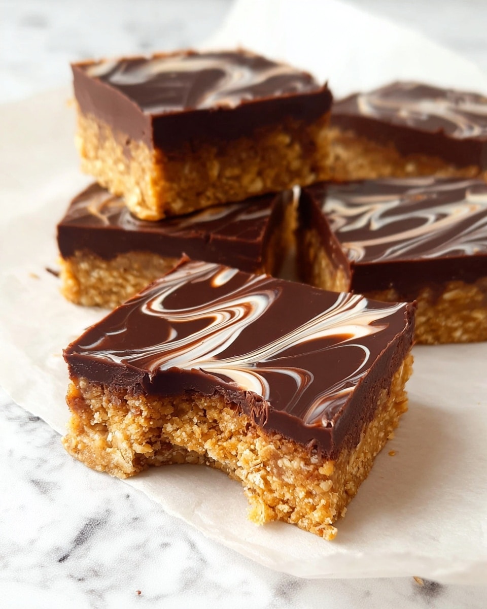 The image shows four square bars of a dessert arranged on a white marbled surface with parchment paper underneath. Each bar has two layers: the bottom layer is a thick, crumbly, golden-brown base with a slightly rough texture, while the top layer is a smooth, glossy dark chocolate coating with artistic swirls of white chocolate mixed in, giving it a marbled effect. The bars are stacked casually, with one bar in the foreground missing a small bite, exposing the soft, dense base with bits of oats or nuts. Photo taken with an iphone --ar 4:5 --v 7