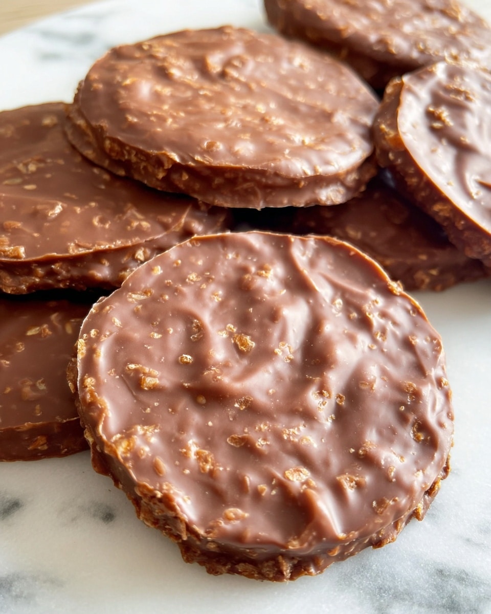 Several round, flat chocolate treats with a rough texture and small crunchy bits are stacked closely together on a white marbled surface. Each piece has a uneven, slightly swirled top layer with a glossy finish and a light brown color. The thickness varies slightly, giving them a homemade look. Photo taken with an iphone --ar 4:5 --v 7