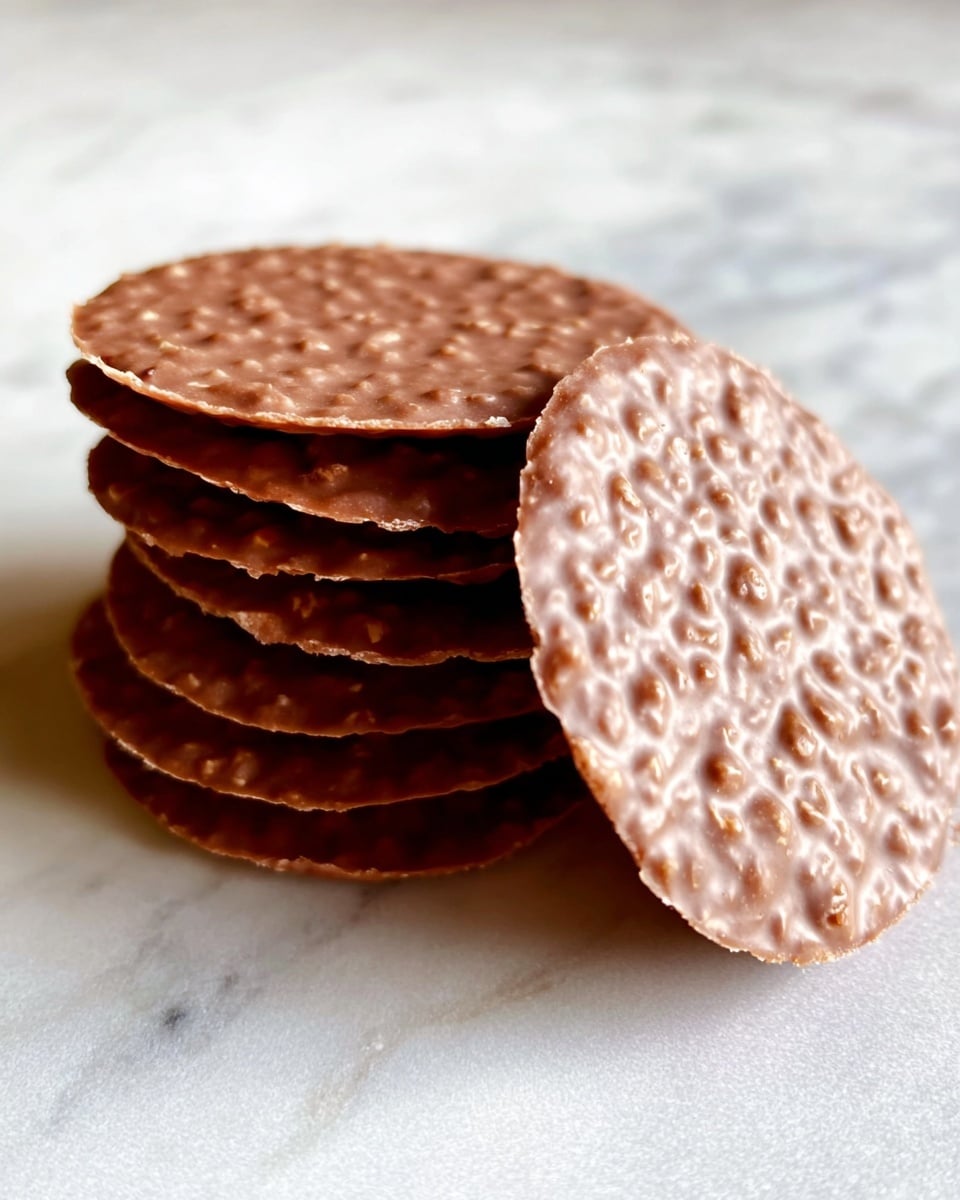 A close-up of a stack of five thin, round chocolate wafers with a slightly rough texture, showing small nut pieces embedded throughout. The wafers are a light brown color and have a slight shine indicating a smooth chocolate coating. One wafer is leaning against the stack, showing its full round shape and textured surface clearly. The wafers rest on a white marbled surface with soft lighting highlighting the details. photo taken with an iphone --ar 4:5 --v 7