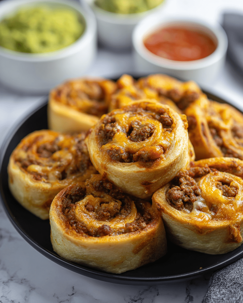 A close-up view of a black plate filled with several spiral-shaped rolls, each with two visible layers: a golden-brown crispy outer layer of baked dough and an inner swirled layer of cooked ground meat mixed with melted cheese, showing a mix of light brown and orange colors. The rolls are stacked closely together, filling the plate. In the blurred background on a white marbled texture, there are two small white bowls, one with green guacamole and the other with red salsa. Photo taken with an iphone --ar 4:5 --v 7