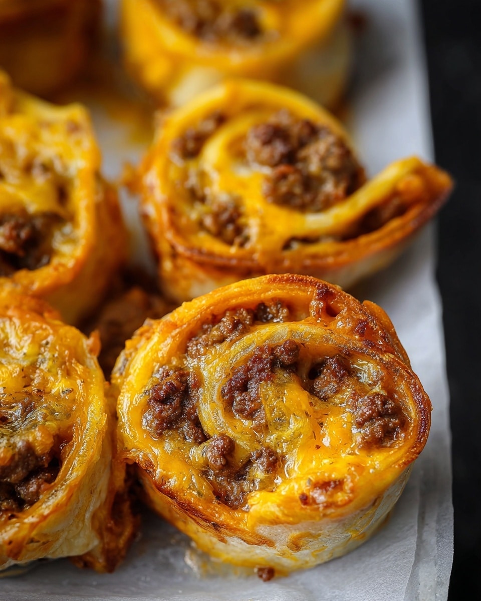 The image shows close-up baked cheesy meat roll-ups with a golden brown outer layer that looks crispy. Each roll-up has multiple swirled layers of yellow-orange melted cheese and finely ground cooked meat that is dark brown with a crumbly texture. The inner layers appear soft and gooey with cheese melting into the meat. The roll-ups sit on white marbled parchment paper, highlighting the rich colors and textures of the dish. photo taken with an iphone --ar 4:5 --v 7