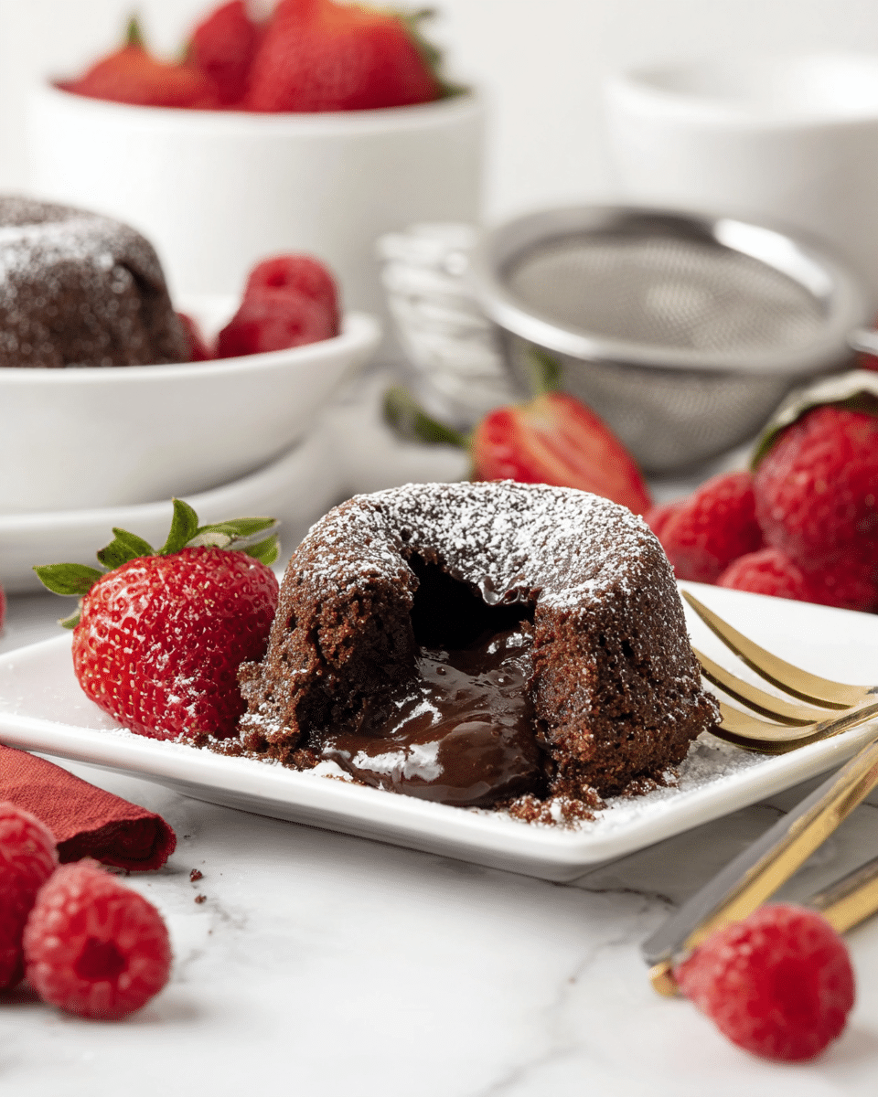 A small chocolate cake sits on a white square plate, broken open in the middle to reveal a thick, glossy dark chocolate lava filling oozing out. The cake's texture is slightly rough and crumbly on the outside, with powdered sugar dusted on top. Around the plate, there are bright red raspberries and strawberries, some whole and others sliced, adding fresh color contrast. The scene includes a gold fork placed near the plate, and in the background, there are white bowls filled with more berries and a metal sieve. The setting rests on a white marbled surface. photo taken with an iphone --ar 4:5 --v 7