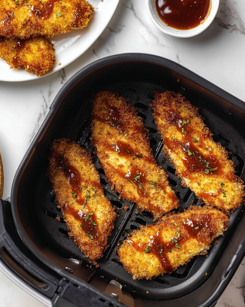 Four golden brown breaded chicken tenders with a crispy texture lie inside a black air fryer basket. Each tender is drizzled with a shiny reddish-brown sauce and garnished with small green herb pieces. To the upper left, there is a white plate with more breaded chicken tenders showing the same crispy golden crust. The background is a white marbled surface with a glimpse of a small white bowl containing a dark reddish sauce. Photo taken with an iphone --ar 4:5 --v 7