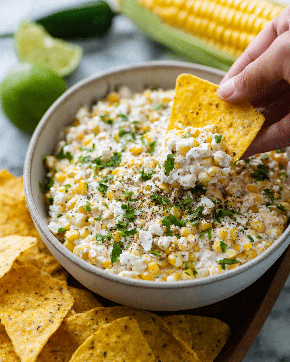A close-up view of a white bowl filled with a creamy corn dip showing two layers: a base layer of small yellow corn kernels mixed with white creamy cheese and sprinkled with green chopped herbs and black pepper. A woman's hand is holding a yellow tortilla chip scooping some of the dip, with the chip covered in the creamy mixture. Surrounding the bowl are more yellow tortilla chips. In the background, there is a sliced lime, green jalapeño, and a partly peeled corn on the cob, all placed on a white marbled surface. Photo taken with an iphone --ar 4:5 --v 7