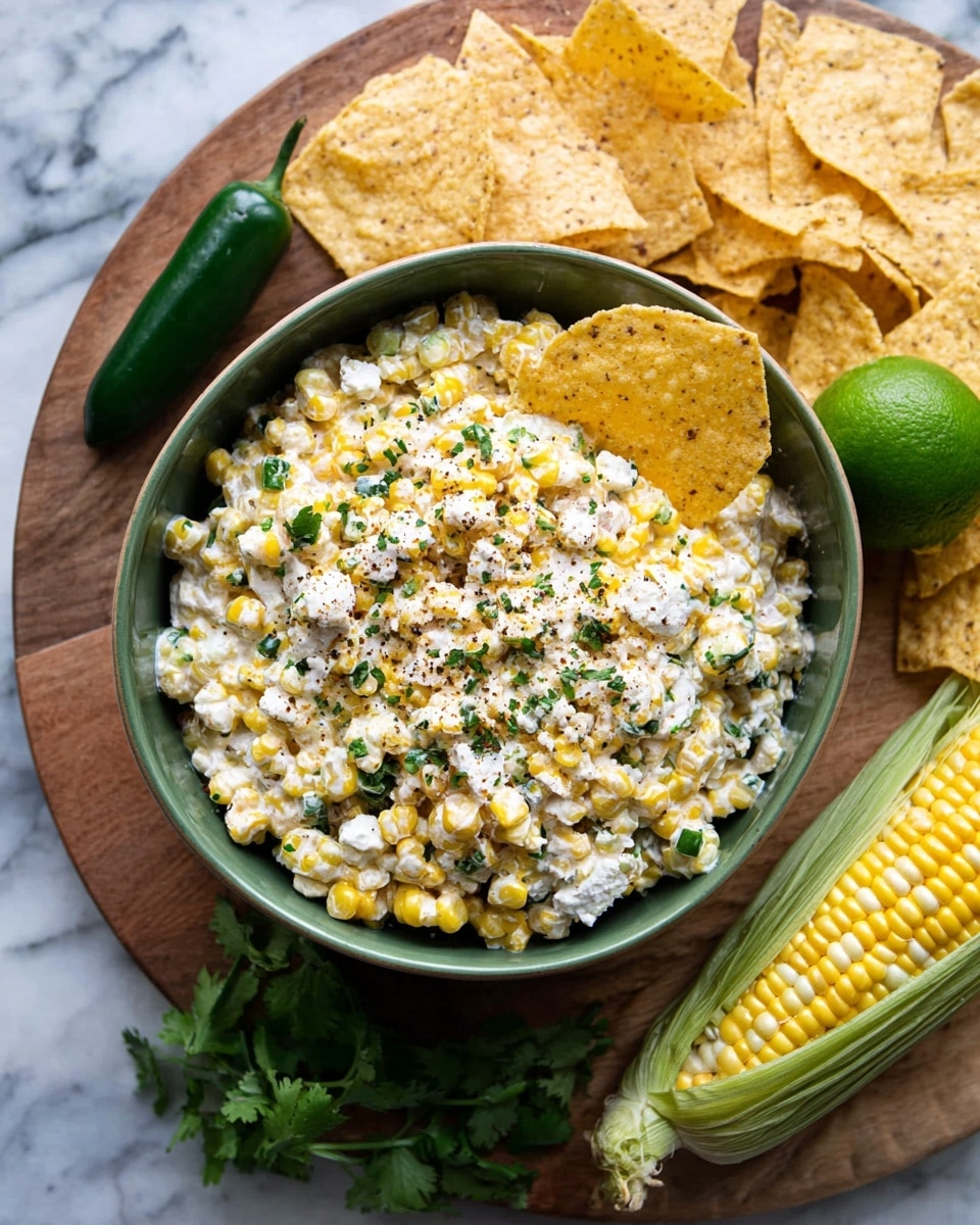 A close-up of a bowl filled with creamy corn salad showing bright yellow corn kernels mixed with white cheese crumbles and small green herb pieces, topped with a sprinkle of black pepper and fresh chopped cilantro. The green bowl sits on a round wooden board surrounded by light golden tortilla chips scattered around. A halved bright green lime, a dark green jalapeño, and corn with husks and silks are placed next to the bowl. One tortilla chip is nestled inside the bowl on the right side. The background is a white marbled texture. photo taken with an iphone --ar 4:5 --v 7