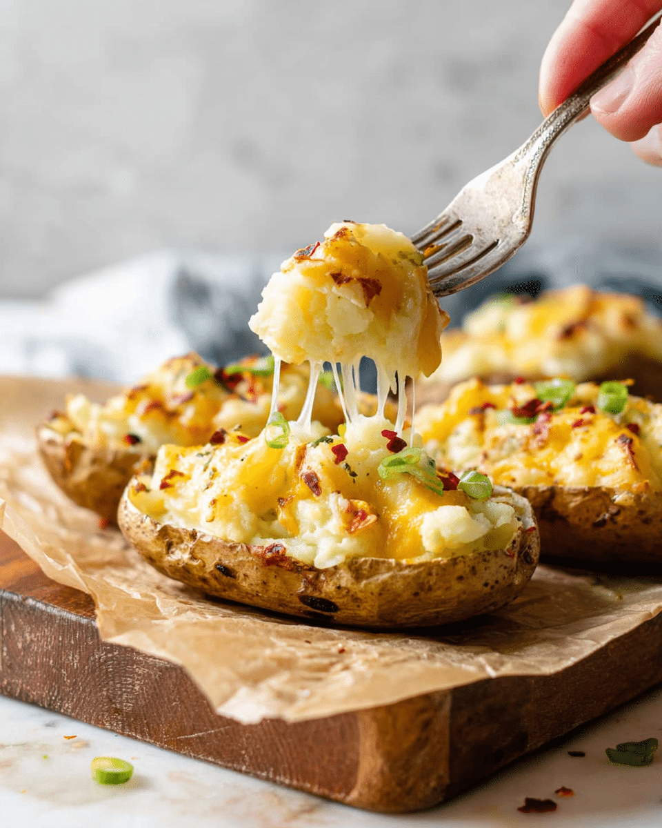 The image shows three baked potato skins filled with three layers: the base is the brown potato skin, the middle layer is creamy white mashed potato, and the top layer is melted yellow and white cheese with some small green onion pieces and red chili flakes scattered on top. A woman's hand holds a fork lifting a cheesy potato bite, showing strings of melted cheese stretching from the potato skin. The potatoes sit on a piece of brown parchment paper placed on a wooden board, all on a white marbled surface. Photo taken with an iphone --ar 4:5 --v 7