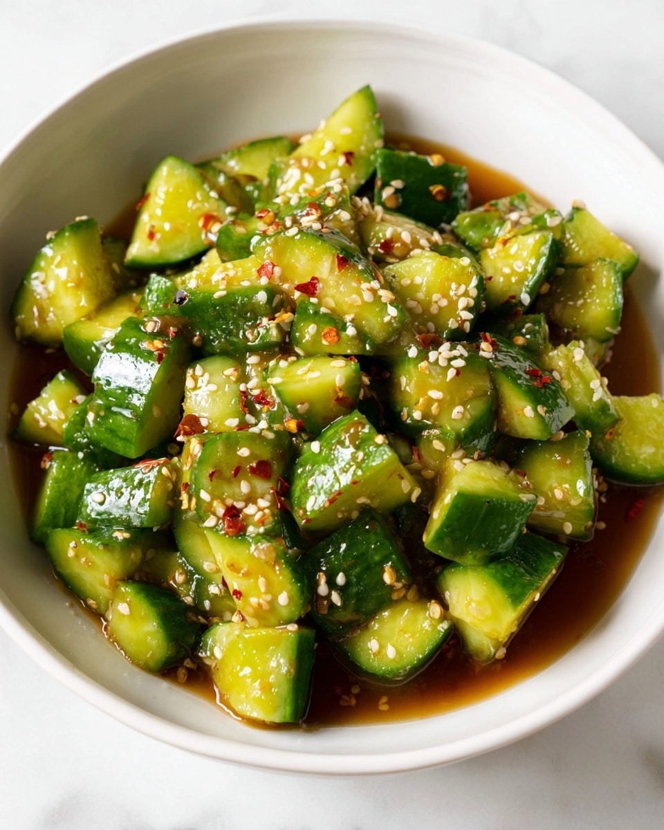 The image shows a white bowl filled with a cucumber salad made of chunky, unevenly cut cucumber pieces in bright green shades. The cucumber pieces are coated in a light brown soy-based sauce, giving a slightly shiny look. White sesame seeds are sprinkled generously over the cucumbers, adding a speckled texture. The cucumbers appear fresh and crisp, with some pieces showing a bit of red chili flakes mixed in. The bowl sits on a white marbled surface, and a small portion of soy sauce is visible in the bottom left corner. photo taken with an iphone --ar 4:5 --v 7