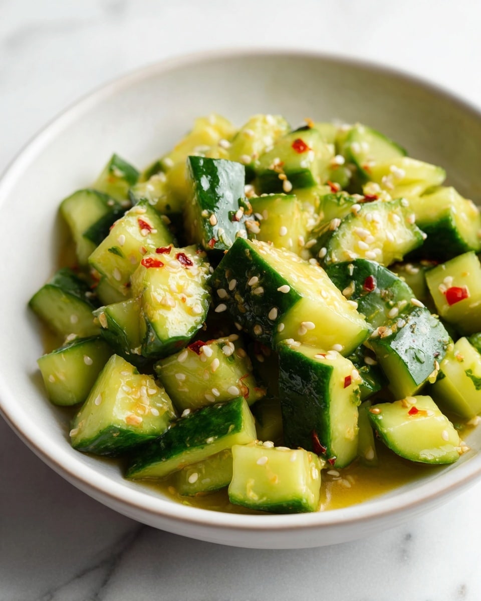 The dish shows a white bowl filled with several chunks of cucumber that are bright green with a glossy surface, cut into irregular bite-sized pieces. The cucumbers appear coated in a light, yellowish dressing and sprinkled generously with small white sesame seeds. There are tiny red chili flakes scattered across the cucumbers, adding small touches of red color. The bowl rests on a smooth white marbled surface. The photo is a close-up shot, capturing the fresh texture and colors of the cucumbers clearly. photo taken with an iphone --ar 4:5 --v 7