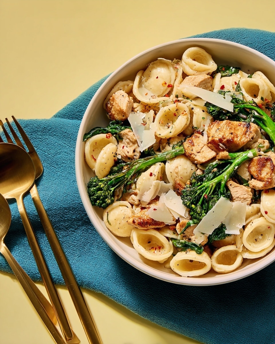 The image shows a white bowl filled with a pasta dish containing three main layers. The bottom layer is pasta shells that are pale beige and firm in texture. The middle layer features bright green broccolini with small florets and leafy stems scattered evenly throughout. The top layer has light brown, grilled chicken pieces that look juicy and tender, sprinkled with thin, creamy white shavings of Parmesan cheese and cracked black pepper. The bowl sits on a dark blue cloth on a white marbled surface, with three gold forks placed neatly to the left side. Photo taken with an iphone --ar 4:5 --v 7