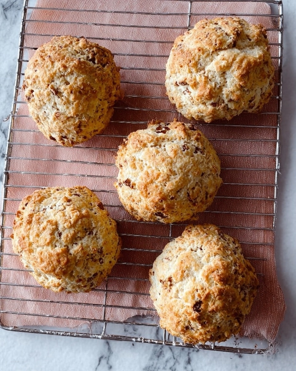 Several round, golden brown scones with a rough, crumbly texture are arranged on a white plate with ornate patterns on the edge. Each scone has uneven, textured layers revealing darker cinnamon swirls inside. On top, they are drizzled with smooth white icing creating thin, irregular lines across their surfaces. The plate is set on a white marbled texture. photo taken with an iphone --ar 4:5 --v 7