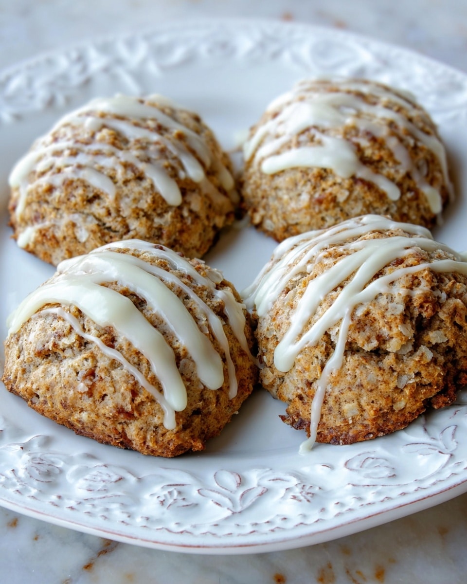 The image shows several round, thick cookies on a silver cooling rack over a white marbled surface. Each cookie has a bumpy texture with a mix of light brown and darker cinnamon colors, giving a marbled look. On top, white icing is drizzled in uneven, thin and thick lines that run vertically down the cookies, some icing dripping through the rack. The cookies look soft and slightly crumbly. Photo taken with an iphone --ar 4:5 --v 7