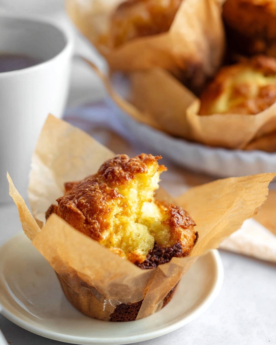 A close-up image of a muffin with a golden brown, flaky, and slightly crispy top layer that is broken open towards the front, revealing a soft, light yellow cheesy inside. The muffin is wrapped in tan parchment paper that crinkles around it, sitting on a white plate. The muffin has a dark brown crumb layer visible beneath the top, indicating a rich filling or mix-in. In the background, there is a blurred white cup on the left and more muffins wrapped in similar parchment paper on the right, all placed on a white marbled surface. photo taken with an iphone --ar 4:5 --v 7