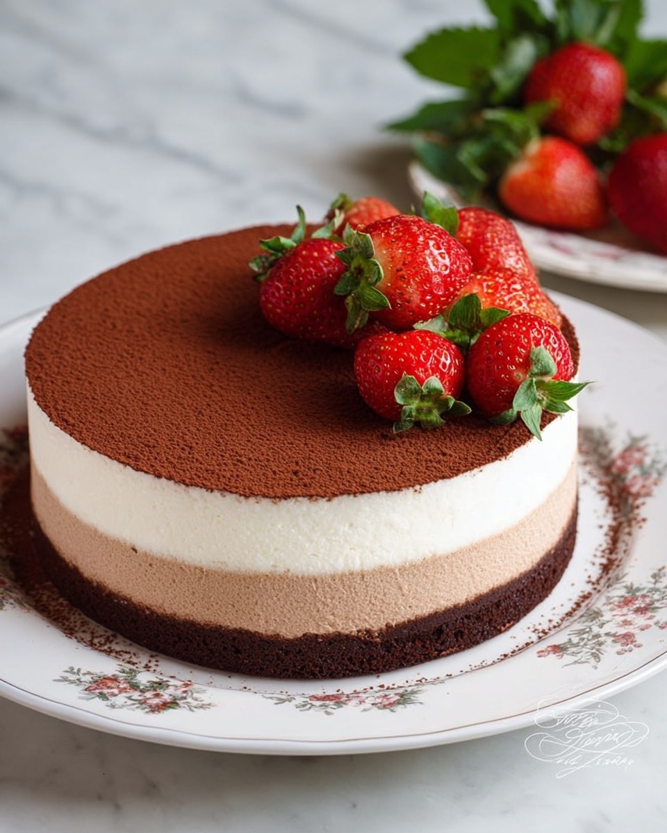 The image shows a round, three-layer cake on a white plate with a delicate floral pattern around the edge, set on a white marbled surface. The bottom layer is dark brown and looks dense like chocolate. The middle layer is light brown, creamy and smooth. The top layer is thick, white, and fluffy that contrasts nicely with the layers below. The top of the cake is dusted evenly with cocoa powder, and a cluster of fresh whole and halved strawberries with green leaves sits on one side of the cake, adding a bright red and green color. Photo taken with an iphone --ar 4:5 --v 7