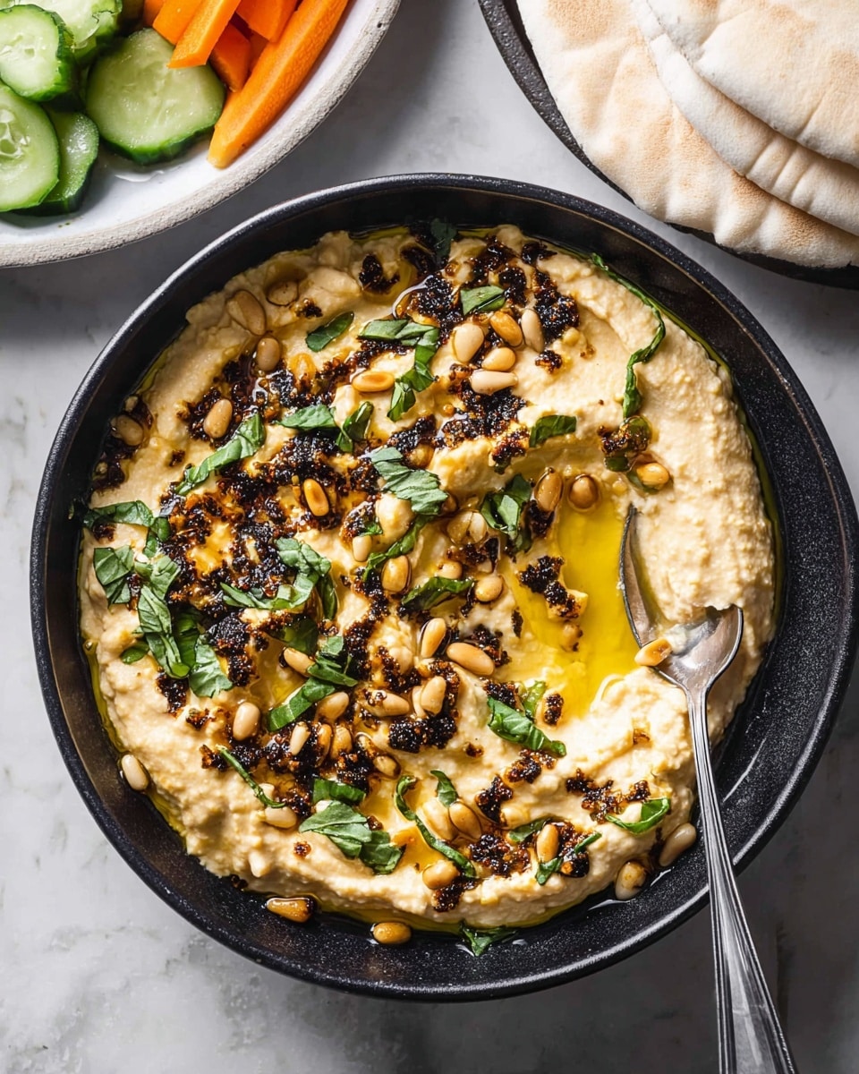 A black bowl filled with creamy beige hummus, topped with scattered golden pine nuts and dark brown toasted spices, with fresh green chopped herbs spread across the surface. The hummus has a smooth, slightly chunky texture with a shiny layer of olive oil pooling around the edges. A silver spoon is partially dipped into the hummus, resting inside the bowl on the right side. To the top right of the bowl, there are white pita breads stacking slightly out of frame on a white marbled surface. In the top left corner, a white plate holds sliced green cucumbers and orange carrot sticks. The overall setting is bright and clean. photo taken with an iphone --ar 4:5 --v 7