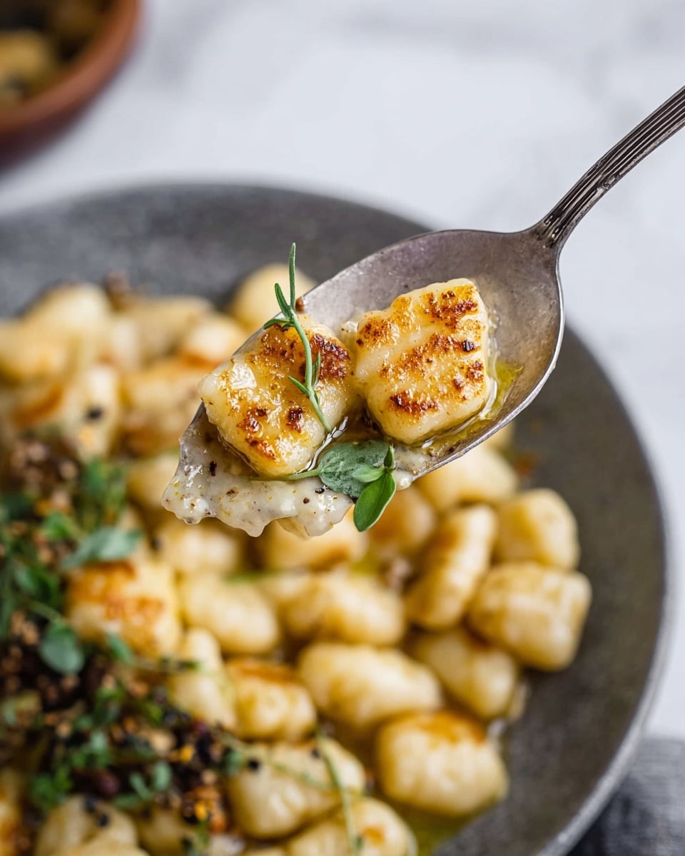 A close-up view of a silver spoon holding a bite of seasoned gnocchi, showing golden brown spots from frying and a light drizzle of oil on top. The gnocchi pieces are small, irregular, and have a soft, slightly crispy texture. There is a sprig of green herb on the gnocchi in the spoon. In the blurred background, a bowl filled with more gnocchi garnished with fresh green herbs and bits of darker seasoning sits on a white marbled surface. photo taken with an iphone --ar 4:5 --v 7