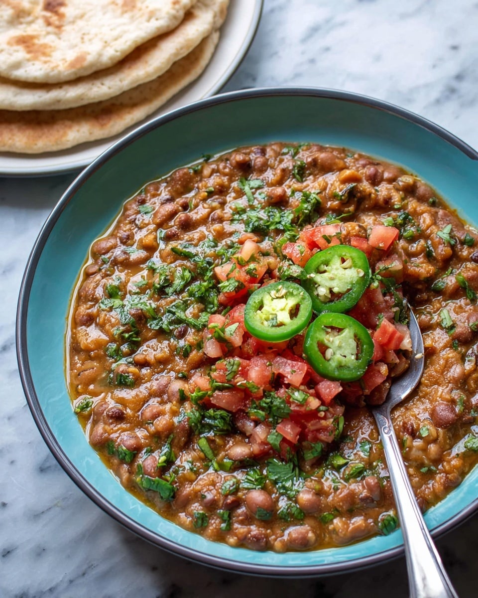A light blue bowl holds a thick stew made of brown and beige beans mixed with herbs, creating a chunky texture with some oily shine on the surface. On top, there is a layer of chopped red tomatoes and green sliced jalapeños mixed with chopped green herbs, placed in the center as fresh garnishes. A silver spoon lies on the right edge of the bowl, partially submerged in the stew. In the background, there is a small stack of flat round bread on a white plate atop a white marbled surface. photo taken with an iphone --ar 4:5 --v 7