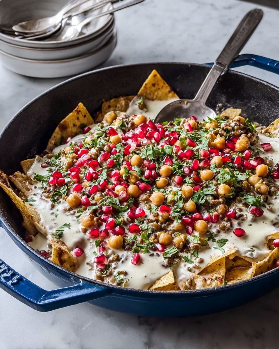 The image shows a blue cast iron pan filled with layered crispy tortilla chips covered by a thick creamy white sauce. On top of the sauce are scattered layers of light tan chickpeas, small brown lentils, bright red pomegranate seeds, and fresh green chopped herbs. The chips underneath peek out around the edges, slightly browned and crunchy. A silver spoon rests inside the pan, partially covered by the toppings. In the background, two stacked white bowls with silver spoons sit on a white marbled surface. The dish looks rich and colorful with contrasting textures and colors. photo taken with an iphone --ar 4:5 --v 7