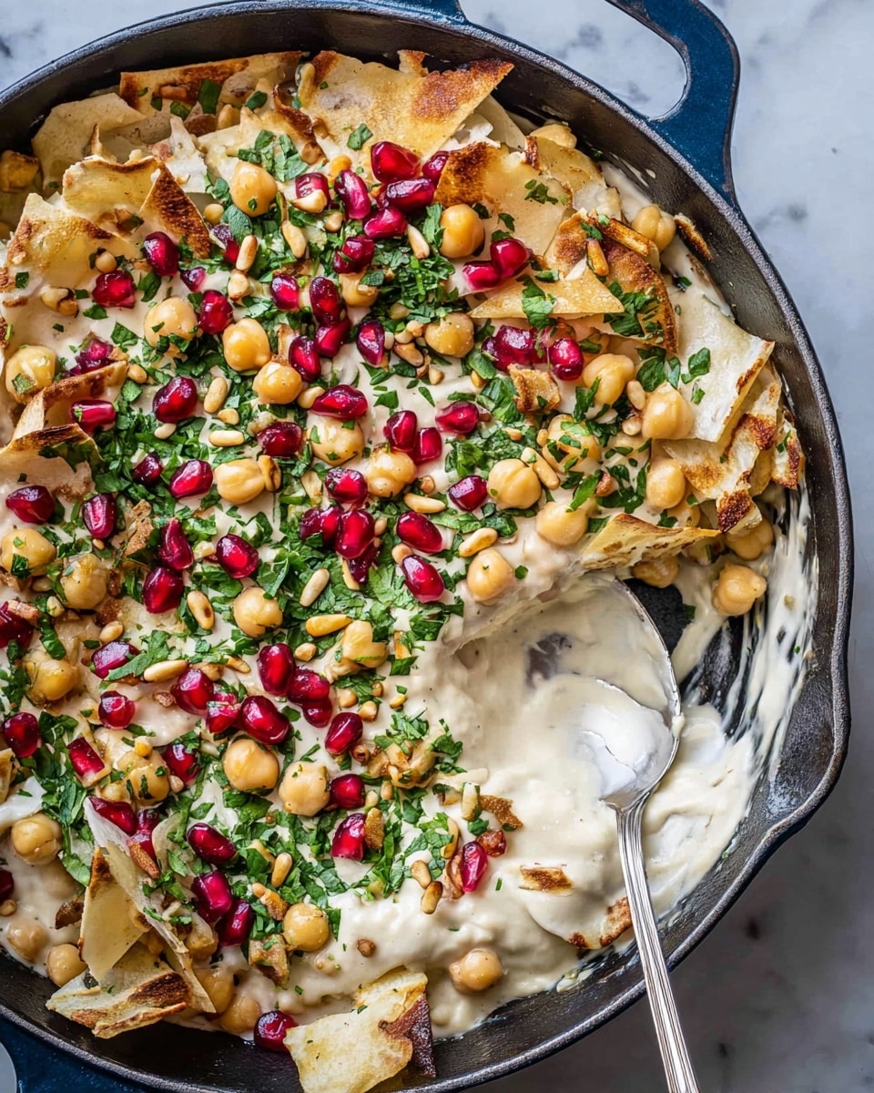 This dish in a dark blue cast iron pan shows multiple layers starting with a base of broken pale tan flatbread chips. On top is a creamy, thick, off-white tahini sauce layer that covers most of the chips. Scattered over the sauce are pale yellow chickpeas, bright red pomegranate seeds, and small shiny toasted pine nuts. Fresh chopped green herbs are sprinkled evenly across the top, adding a fresh green color. A silver spoon is scooping into the dish from the right side, revealing more of the layered chips underneath. The pan sits on a white marbled surface. Photo taken with an iphone --ar 4:5 --v 7