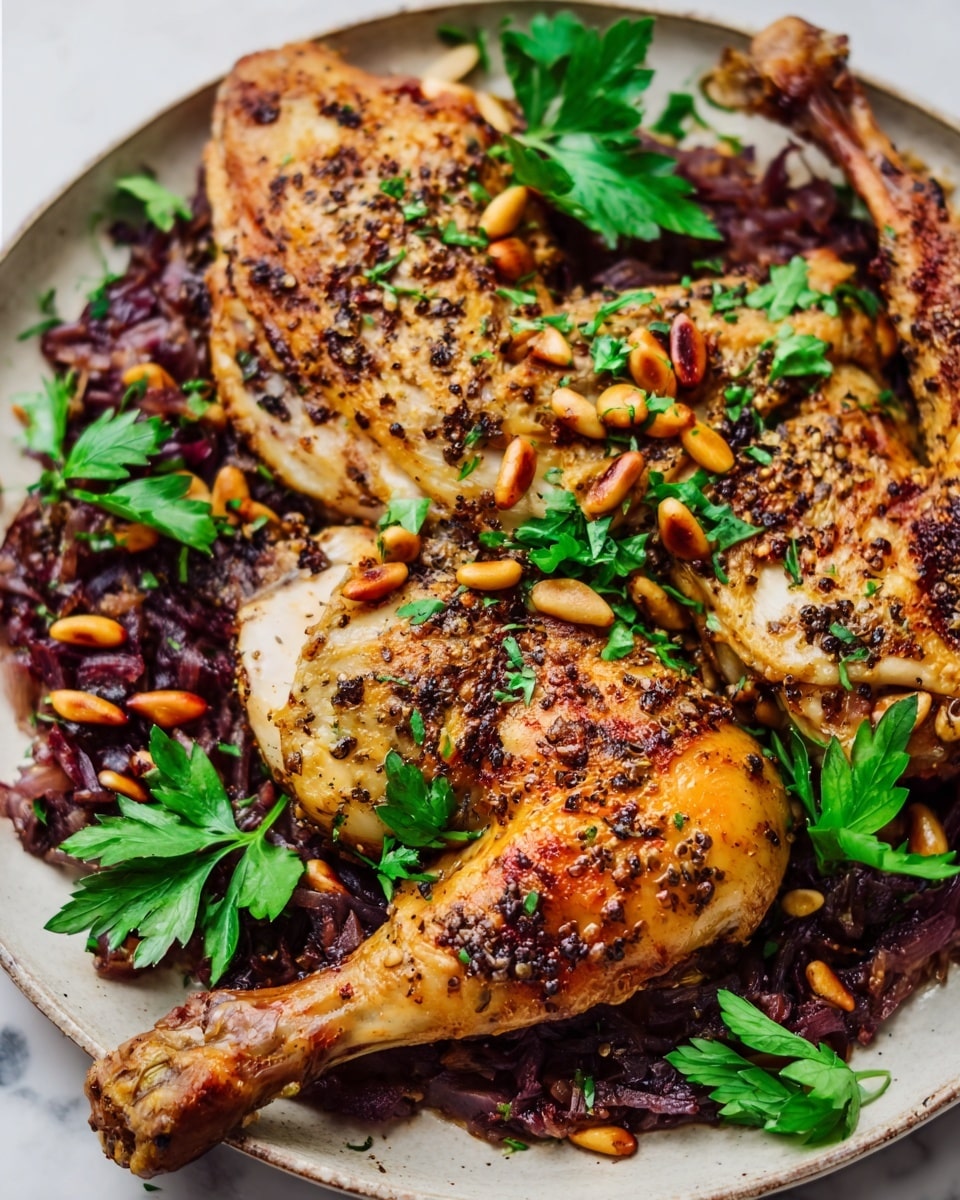 On a white plate with a white marbled background, there is a piece of flatbread as the bottom layer, light brown with toasted spots and soft texture. On top, there is a layer of cooked purple onions mixed with small golden pine nuts and sprinkled with chopped green herbs. The next layer is a large roasted chicken leg with browned, seasoned skin, which is placed slightly off-center on the flatbread. To the left side of the plate, there is a colorful salad made of diced green cucumbers and red tomatoes mixed with chopped parsley, providing a fresh contrast. The whole dish is warm and rustic with a mix of earthy and fresh colors. Photo taken with an iphone --ar 4:5 --v 7