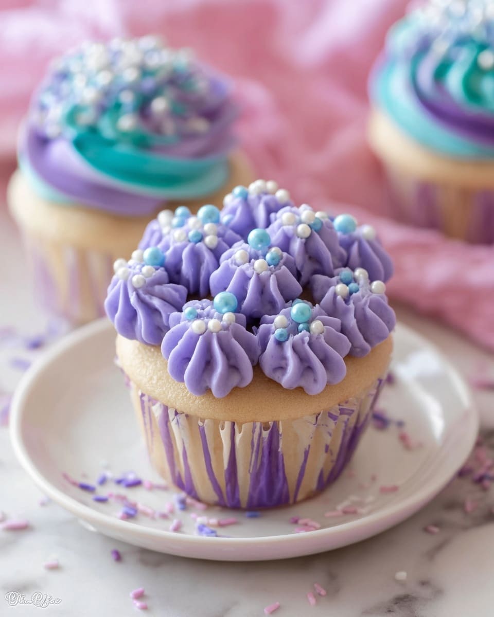 A close-up view of a single cupcake with a light beige base, topped with seven dollops of smooth, swirled purple frosting arranged in a circular pattern. Scattered among the frosting dollops are small round sprinkles in shiny light blue and white colors. The cupcake is in a purple-striped paper liner, and it sits on a white plate with soft pink accents. In the background, there are two more cupcakes, one with blue and purple frosting swirls and small white and blue sprinkles, slightly blurred. The whole scene is set on a white marbled surface. photo taken with an iphone --ar 4:5 --v 7