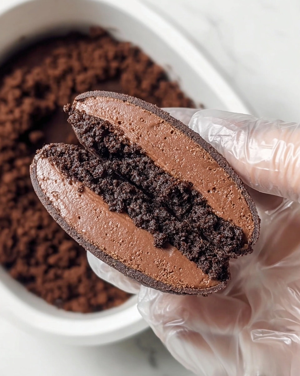 A close-up image showing a woman's hand wearing a clear plastic glove holding two halves of a small, oval-shaped chocolate dessert. Each half has a thin, dark brown crumbly outer layer with a smooth, glossy chocolate filling inside. The texture of the filling looks dense and creamy. The background shows a white container filled with more dark brown crumbs, all placed on a white marbled surface. photo taken with an iphone --ar 4:5 --v 7